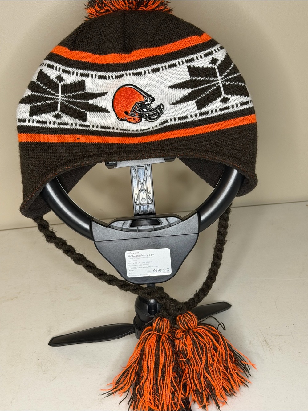 Kids Pom Beanie Hat - Brown & Orange